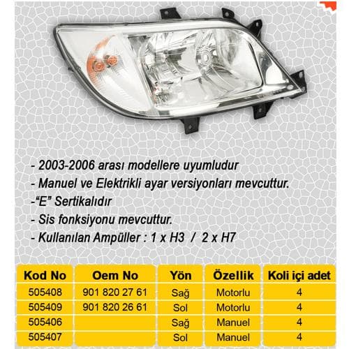 AYFAR FAR SOL HALOJEN. MOTORSUZ MERCEDES SPRINTER B901 B904 00 06 OEM: A9018202661 - AYFAR 505407 kodlu oto yedek parça