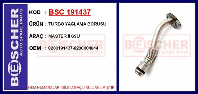 BESCHER TURBO YAĞLAMA BORUSU MASTER II G9U OEM: 8200191437-8200004844 - BSC 191437 kodlu oto yedek parça