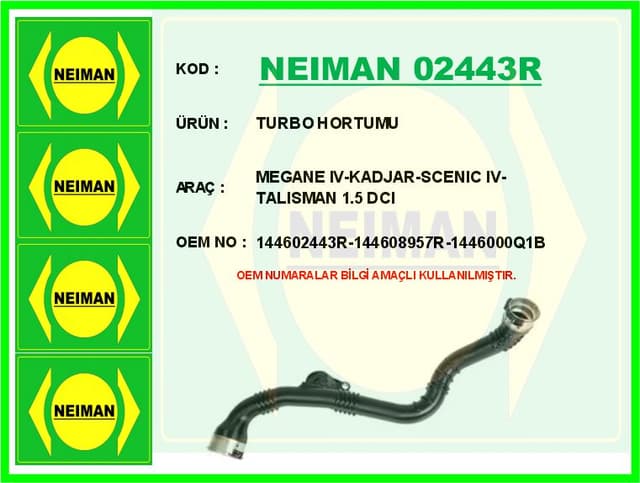 BESCHER TURBO HORTUMU RENAULT GRAND SCENIC IV 16>23 KADJAR 15> MEGANE IV 15> TALISMAN 16>22 1.5 DCI K9K NI SSAN QASHQAI II 13> 1.5 DCI K9K OEM: 144608957R-144602443R-1446000Q1B - NEIMAN 02443R kodlu oto yedek parça