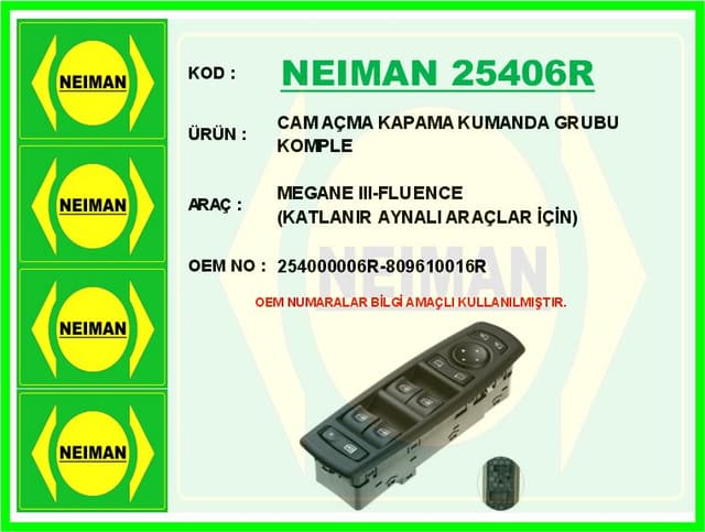 BESCHER CAM AÇMA KAPAMA KUMANDA GRUBU KOMPLE MEGANE III-FLUENCE KATLANIR AYNALI ARAÇLAR İÇİN OEM: 254000006R-809610016R- - NEIMAN 25406R kodlu oto yedek parça