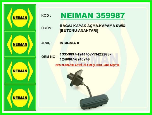 BESCHER BAGAJ KAPAK AÇMA-KAPAMA SWİCİ BUTONU-ANAHTARI INSIGNIA A OEM: 13359897-1241457-13422268-1240807-6 - NEIMAN 359987 kodlu oto yedek parça