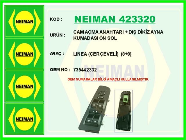 BESCHER CAM AÇMA ANAHTARI DIŞ DİKİZ AYNA KUMADASI ÖN SOL LINEA ÇERÇEVELİ 8 8 OEM: 735442332 - NEIMAN 423320 kodlu oto yedek parça