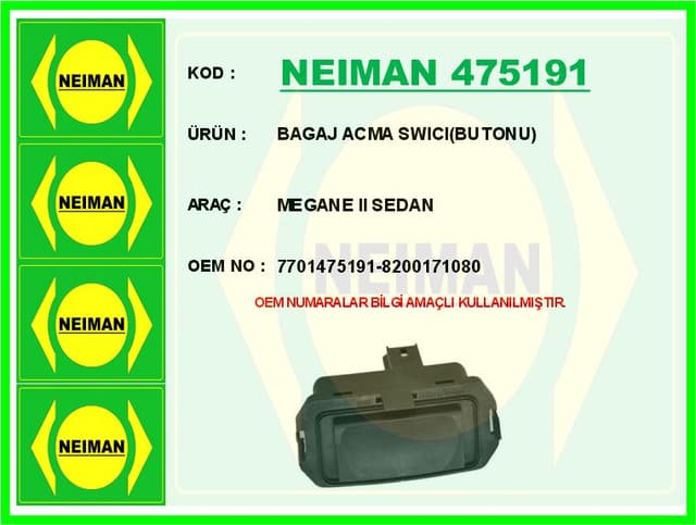 BESCHER BAGAJ ACMA SWICI BUTONU MEGANE II SEDAN OEM: 7701475191-8200171080 - NEIMAN 475191 kodlu oto yedek parça