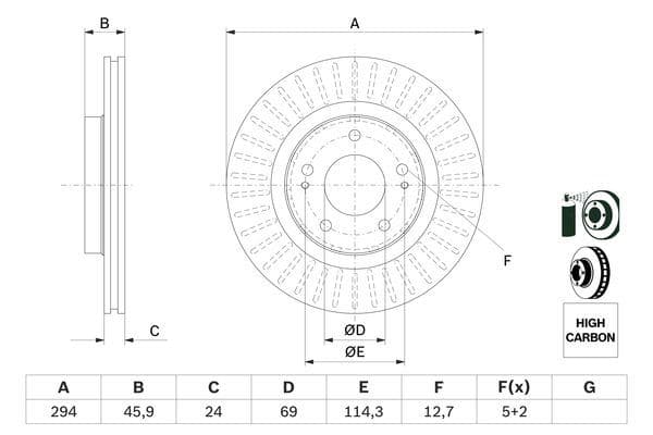 BOSCH ÖN FREN AYNASI PEUGEOT P4007 07 CITROEN C-CROSSER 07 OUTLANDER 12 294x24x22.4xHAVALI OEM: 1611429880-4249.58-MR205215-4249.F3 - BOSCH 0986479E76 kodlu oto yedek parça