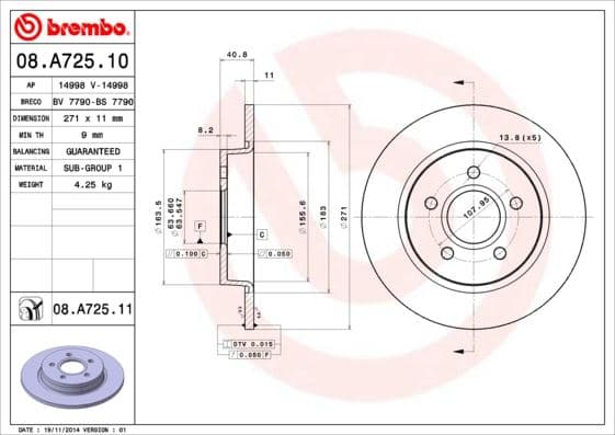 BREMBO ARKA FREN DISK AYNASI FOCUS III 11 17 271X11X63.5X41X5DL BV612A315BA-1704765 OEM: BV612A315BA-1704765 - BREMBO 08A72510 kodlu oto yedek parça