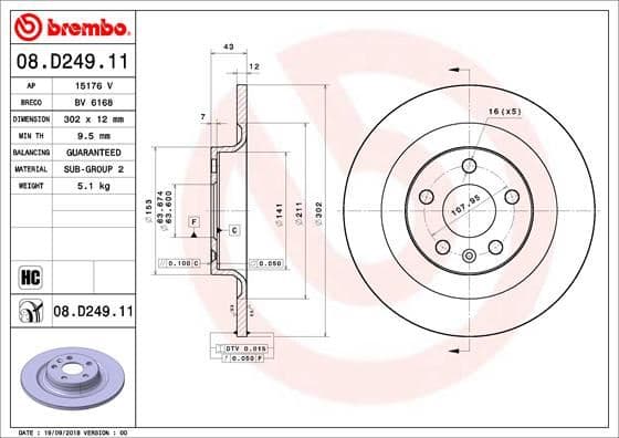 BREMBO ARKA FREN AYNASI VOLVO S60 III-19 V60 18 V90 16 XC60 17 S90 16 302x5DL 16 İNÇ 31423721 OEM: 31423721 - BREMBO 08D24911 kodlu oto yedek parça