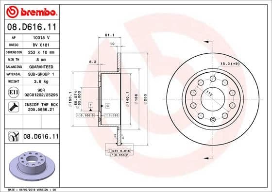 BREMBO FREN DİSKİ ARKA SKODA OCTAVIA III 12 20 253x10x61.4 OEM: 5Q0615601C - BREMBO 08D61611 kodlu oto yedek parça