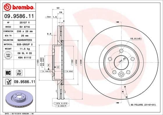 BREMBO ON FREN DISK AYNASI HAVALI VOLVO S60 II 10>15 S80 II 06> V60 I 11>15 V70 III 07>15 XC70 II 09>15 336cm CAP OEM: 30769057-30736313 - BREMBO 09958611 kodlu oto yedek parça