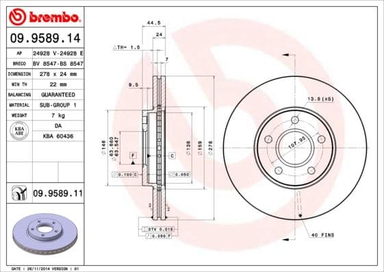 BREMBO ON FREN DISK AYNASI CONNECT 1.8TDCI 02 13 ABS LI 278x24x5DL HAVALI 2T141125CC-1361298-1361300 OEM: 2T141125CC-1361298-1361300 - BREMBO 09958914 kodlu oto yedek parça