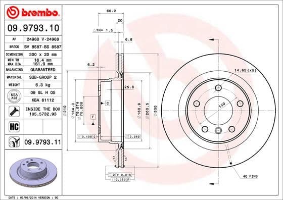 BREMBO FREN DISKI ARKA BMW F20 F21 F22 F23 E90 E91 E92 E93 F30 F31 F32 E81 E87 OEM: 34216792227 - BREMBO 09979310 kodlu oto yedek parça