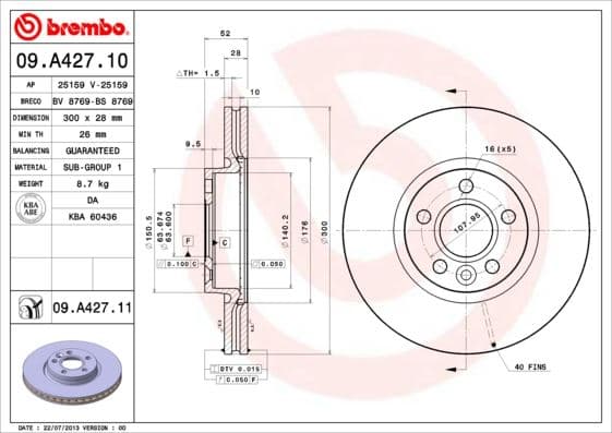 BREMBO ON FREN DISK AYNASI MONDEO IV S MAX GALAXY 07 11 FREELANDER 2 06-14 EVOQUE 12-18 VOLVO S60 II 10 S80 II V70 III XC70 II 06 300cm CAP OEM: 7G911125EA-7G911125BA-7G911125AA - BREMBO 09A42711 kodlu oto yedek parça