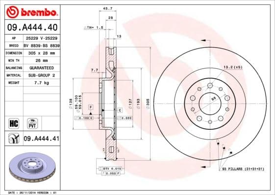 BREMBO ÖN FREN AYNASI FIAT 500 L 13 DOBLO 10 OPEL COMBO 12 305x28x45.8 HAVALI 5 DELİK 51854567-51897455-51914663 OEM: 51854567-51897455-51914663 - BREMBO 09A44440 kodlu oto yedek parça