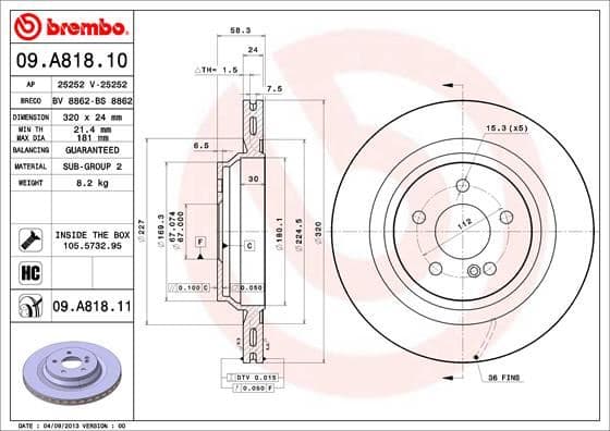 BREMBO FREN DISKI ARKA MERCEDES AMG W221 C216 W222 R230 A2214231012 OEM: A2214231012 - BREMBO 09A81811 kodlu oto yedek parça