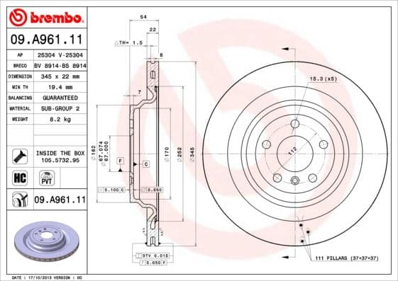 BREMBO FREN DISKI ARKA 4-matic MERCEDES W166 X166 C292 A1664230212 OEM: A1664230212 - BREMBO 09A96111 kodlu oto yedek parça
