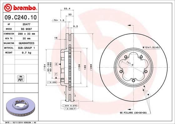 BREMBO ON FREN DISKI AYNASI TRANSIT CUSTOM V362-V363 12 ARKA TEK TEKER CAP 288 33 BK211125B1D-BK211125BD-2110010 OEM: BK211125B1D-BK211125BD-2110010 - BREMBO 09C24010 kodlu oto yedek parça