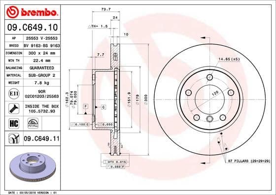 BREMBO FREN DISKI ON BMW E81 E82 E87 E88 E90 E91 E92 Z4 E89 34116854998 OEM: 34116854998 - BREMBO 09C64911 kodlu oto yedek parça