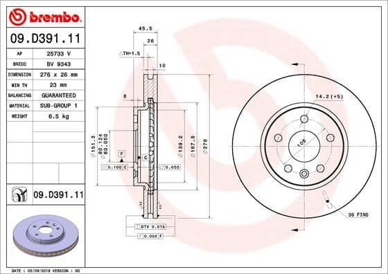 BREMBO ÖN FREN AYNASI ASTRA K 15 15 İNÇ / 5 DELİK 276x26x5DL HAVALI 13515906-13597459-13597460 OEM: 13515906-13597459-13597460 - BREMBO 09D39111 kodlu oto yedek parça