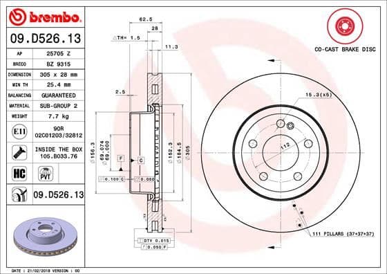 BREMBO FREN DISKI ON MERCEDES W205 S205 C205 A205 W213 S213 C238 A0004212512 OEM: A0004212512 - BREMBO 09D52613 kodlu oto yedek parça