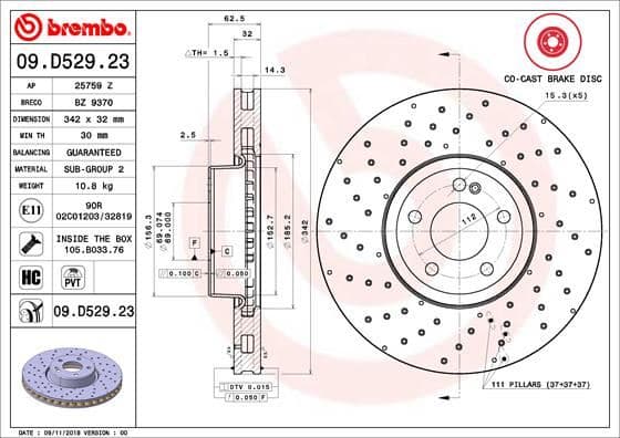 BREMBO FREN DISKI ON MERCEDES W205 S205 C205 A205 W213 S213 C238 A0004212212 OEM: A0004212212 - BREMBO 09D52923 kodlu oto yedek parça