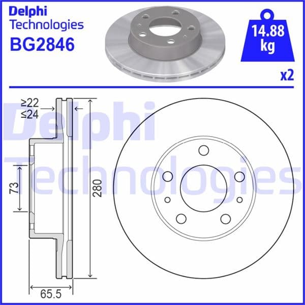 DELPHI ÖN FREN AYNASI BOXER I-II 94 JUMPER I-II 94 DUCATO I-II 94 280x24x5DLxHAVALI OEM: 4249.H8-71738905-4246.L2-4246.X9 - DELPHI BG2846 kodlu oto yedek parça
