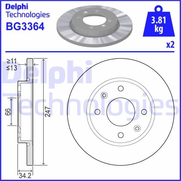 DELPHI ÖN FREN AYNASI PEUGEOT P206 98 12 P306 93 01 CITROEN XSARA 97 05 ABS SİZ 247x13x4DL DOLU SOĞUTMASIZ OEM: 4246.R8-4246.R9-4249.A5 - DELPHI BG3364 kodlu oto yedek parça