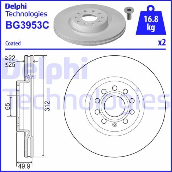 DELPHI ÖN FREN AYNASI GOLF V-VI-JETTA III-PASSAT VII-CADDY III-A3 03 ALTEA 04 LEON 05 312x25x5DLxHAVALI 5C0615301E-5Q0615301F-JZW615301H OEM: 1K0615301AA-5C0615301B - DELPHI BG3953C kodlu oto yedek parça