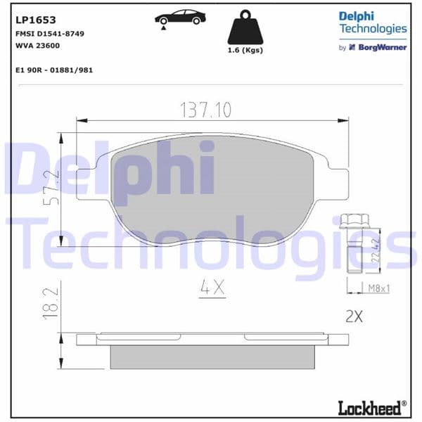 DELPHI ÖN BALATA P207 06 P307 00 DOBLO 01 PARTNER 03 BERLINGO 00 C3 02 C4 04 XSARA 00 OEM: 1647873980-4252.53-1611140980 - DELPHI LP1653 kodlu oto yedek parça