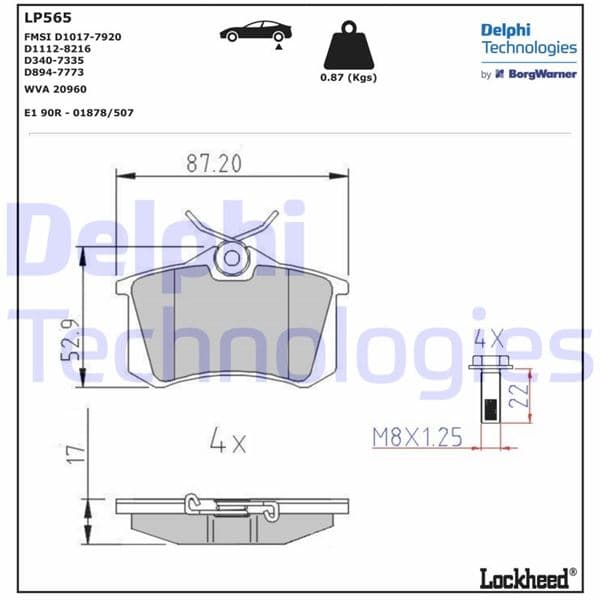 DELPHI ARKA BALATA FLUENCE-MEGANE II-III-P207-P308-P307-PARTNER-BERLINGO-C2-C3-C4-CROSSLAND- BORA-PASSAT 97 GOLF IV-V-POLO 87x52.9x17 OEM: 1J0698451P-440605713R-1623180580 - DELPHI LP565 kodlu oto yedek parça
