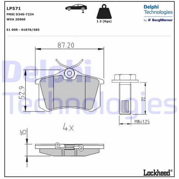 DELPHI ARKA FREN BALATA RENAULT CLIO 05 KANGOO 01 LAGUNA 96 FLUENCE 09 MEGANE 96 CITROEN BERLINGO 99 C2 C3 C4 03 DS4 11 PEUGEOT 307 00 308 07 PARTNER 96 VW POLO CLASSIC 95 01 GOLF III-IV-PASSAT III OEM: 1H0698451F-4250.56-WVA20960 - DELPHI LP571 kodlu oto yedek parça