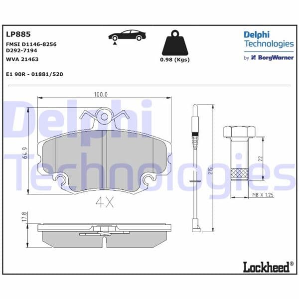 DELPHI ÖN BALATA FİŞLİ RENAULT R9-R19-R21-CLIO I-II-MEGANE I-TWINGO-LOGAN-SANDERO-SOLENZA OEM: 7711130071-7701204833-WVA21404 - DELPHI LP885 kodlu oto yedek parça