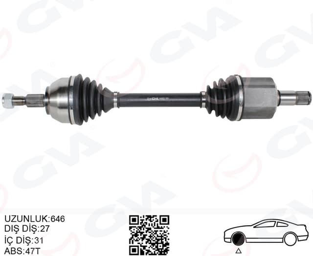 GVA ÖN AKS KOMPLE SOL KUGA I 2.0 TDCI 08>14 POWER. OTOM. 6 VİTESLİ ÇİFT KAVRAMA 4X4 646 MM DİŞ 27 İ Ç DİŞLİ 31 OEM: AV4N3B437AA-1684193 - GVA 4434003 kodlu oto yedek parça