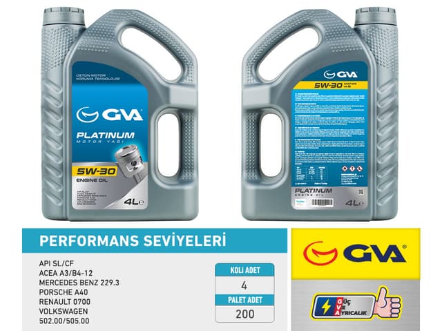 GVA MOTOR YAĞI 5W30 4 LT PLATINUM TAM SENTETİK API SL/CF OEM: 5W30-93165556-7711943761 - GVA 9920122 kodlu oto yedek parça