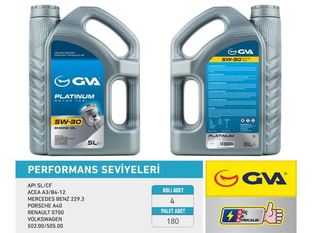 GVA MOTOR YAĞI 5W30 5 LT PLATINUM TAM SENTETİK API SL/CF 5W30-93165557 OEM: 5W30-93165557 - GVA 9920124 kodlu oto yedek parça