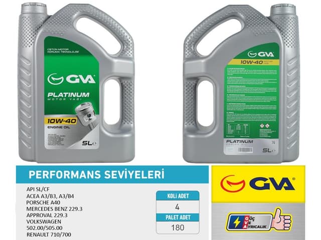 GVA MOTOR YAĞI 10W40 5 LT PLATINUM YARI SENTETİK API SL/CF OEM: 10W40-93165216 - GVA 9920324 kodlu oto yedek parça