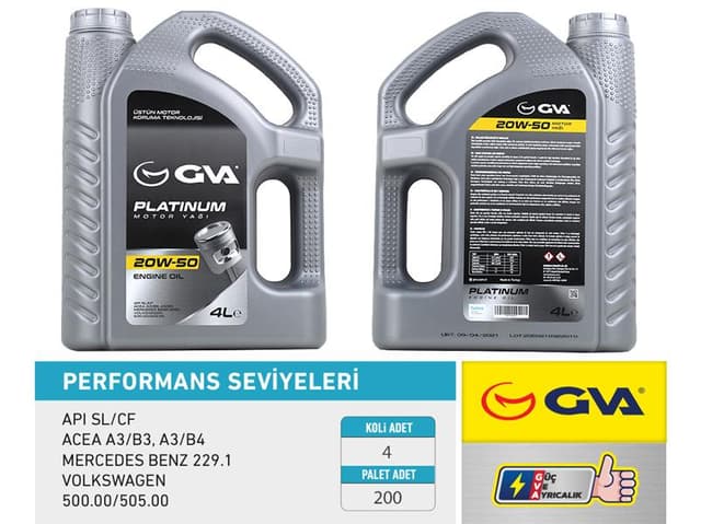 GVA MOTOR YAĞI 20W50 4 LT PLATINUM MİNERAL API SL/CF OEM: 20W50 - GVA 9920522 kodlu oto yedek parça