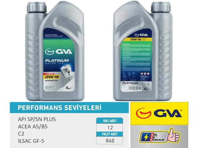 GVA MOTOR YAĞI 1 LT 0W16 TAM SENTETİK API SP / SN-PLUS ILSAC GF-6B HIBRIT ARAÇLAR İÇİN  - GVA 9920851 kodlu oto yedek parça
