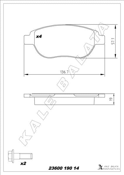 KALE-BALATA ÖN BALATA P207 06> P307 00> DOBLO 01> PARTNER 03> BERLINGO 00> C3 02> C4 04> XSARA 00> OEM: 1647873980-4252.53-1611140980 - KALE 23600 190 14 ANS KD13 kodlu oto yedek parça