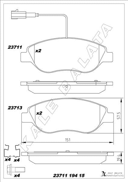 KALE-BALATA ÖN FREN BALATASI FİŞLİ FIAT BRAVO II 08>14 EGEA HB 15> ALFA ROMEO MITO 08>15 LANCIA DELTA III 08>1 OEM: 77365808 - KALE 23711 194 15 MSH KD13 kodlu oto yedek parça