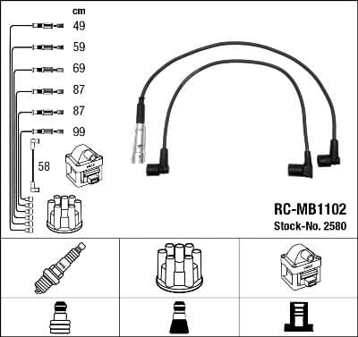 NGK ATESLEME KABLOSU SETI MERCEDES M110 W123 S123 C123 W460 W126 R107 OEM: A1101506318 - NGK 2580 kodlu oto yedek parça