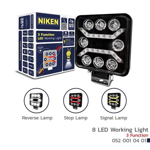 NIKEN ÇALIŞMA LAMBASI PRO 8 LED 3 FONKSIYON KARE  - NIKEN 0520010401 kodlu oto yedek parça