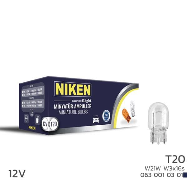 NIKEN NIKEN T20 DİPSIZ AMPUL 93 W21W W3x16s 12V 10LU  - NIKEN 0630010301 kodlu oto yedek parça