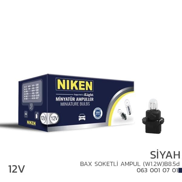 NIKEN NIKEN 12V BAX SOKETLİ AMPUL W1.2W B8.5d SİYAH 10L OEM: UNIVERSAL - NIKEN 0630010701 kodlu oto yedek parça