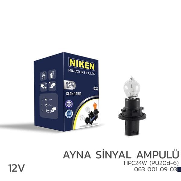NIKEN NIKEN 12V HPC24W AYNA SİNYAL AMPULÜ PU20d-6 10LU OEM: UNIVERSAL - NIKEN 0630010903 kodlu oto yedek parça