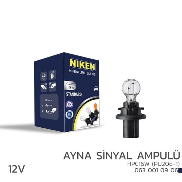 NIKEN NIKEN 12V HPC16W AYNA SİNYAL AMPULÜ PU20d-1 10LU OEM: UNIVERSAL - NIKEN 0630010906 kodlu oto yedek parça