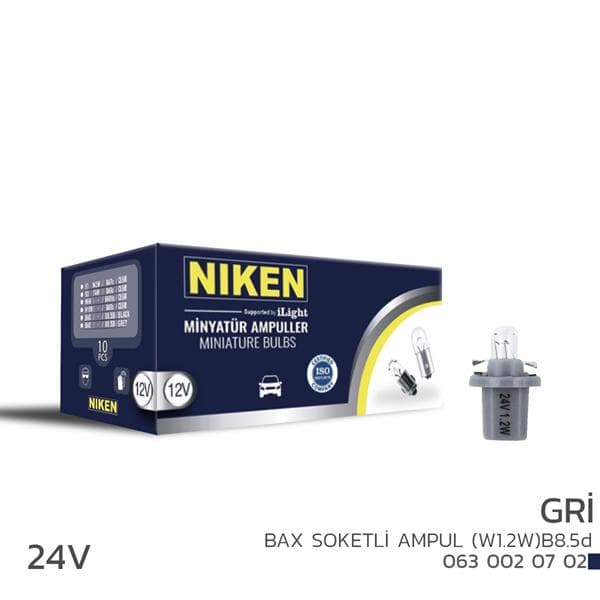 NIKEN NIKEN 24V BAX SOKETLİ AMPUL W1.2W B8.5d GRİ 10LU OEM: UNIVERSAL - NIKEN 0630020702 kodlu oto yedek parça
