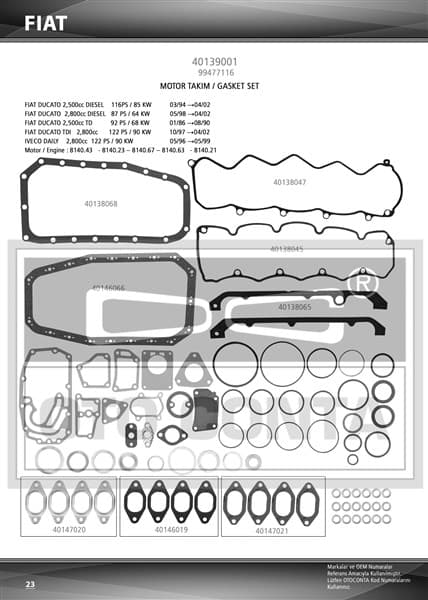 OTOCONTA MOTOR TAKIM CONTASI SKC SİZ KEÇESİZ DUCATO-IVECO DAILY-MASTER 2.5D-TD-2.8DTI S8U-S9U-S9W  - OTOCONTA 40139001 kodlu oto yedek parça