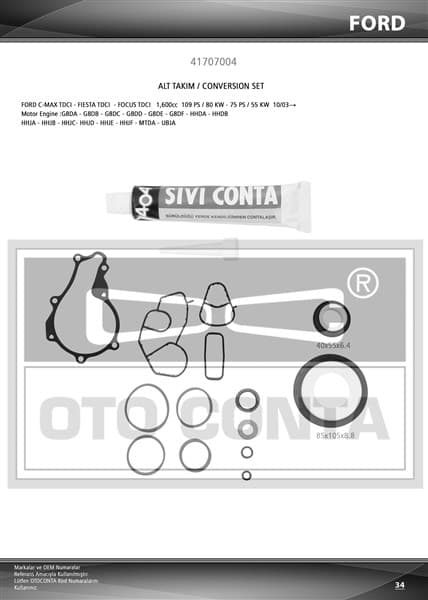 OTOCONTA ALT TAKIM CONTASI PARTNER-BERLINGO-206-207-FIESTA 1.6HDI 16V DV6ATED4-DV6B TEFLON KEÇ SKC SİZ SIVI  - OTOCONTA 41707004 kodlu oto yedek parça