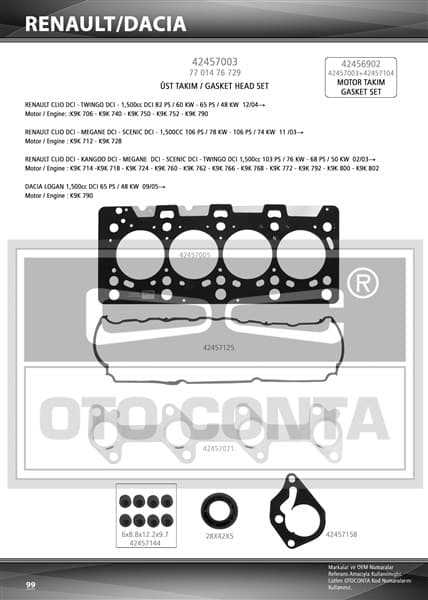OTOCONTA ÜST TAKIM CONTASI CLIO-KNG-MGN-LOGAN-SANDERO 1.5DCI K9K 712-714-718-724-760 TEFLON KEÇELİ SUB.LAS OEM: 7701476729-8200351353-110444213R - OTOCONTA 42457003 kodlu oto yedek parça