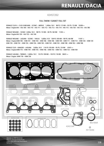 OTOCONTA MOTOR TAKIM CONTASI MGN-CLIO-LGN-LOGAN 1.4-1.6 16V K4J-K4M KEÇELİ SUBAP LASTİKLİ 7700112739-8200356346 OEM: 7700112739-8200356346 - OTOCONTA 42457202 kodlu oto yedek parça