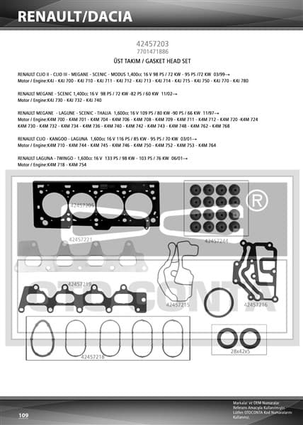 OTOCONTA ÜST TAKIM CONTASI MGN-CLIO-LGN-LOGAN 1.4-1.6 16V K4J-K4M KEÇELİ SUBAP LASTİKLİ 7701471886-7701471361 OEM: 7701471886-7701471361 - OTOCONTA 42457203 kodlu oto yedek parça
